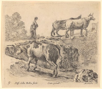 Uma vaca sobe uma colina, ao fundo uma camponesa com duas vacas entra numa ponte de Stefano della Bella