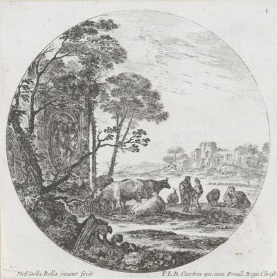 Paisagem com rebanho e capital coríntia Paisagens e ruínas em Roma (título da série) Paysages et ruines de Rome (título da série) de Stefano della Bella