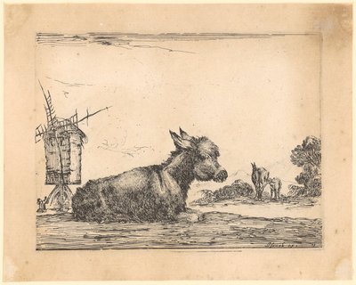 Burro deitado junto a um moinho de vento de Stefano della Bella