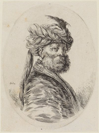 Várias cabeças penteadas ao estilo persa (Plusieurs têtes coiffées à la persienne): busto de um turco barbudo, numa perspetiva de três quartos, virado para a direita de Stefano della Bella