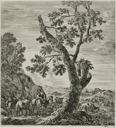 Camponês montado com uma criança em seus braços, placa seis de As seis grandes vistas de Roma e da Campagna de Stefano della Bella