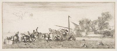 Batalha naval, um barco a remos cheio de gente a lutar com mosquetes para a esquerda, pessoas a afogarem-se..., ca. 1641. de Stefano della Bella