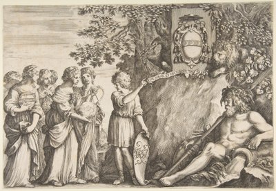 Ornamento para uma tese, o brasão Strozzi na parte superior, ca. 1660 de Stefano della Bella
