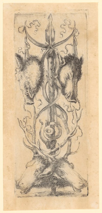Painel ornamental com duas cabeças de porco-do-vento na parte superior, duas cabeças de veado na parte inferior e um chifre no centro, folha 8 da série «Ornamentos ou Grotescos» de Stefano della Bella