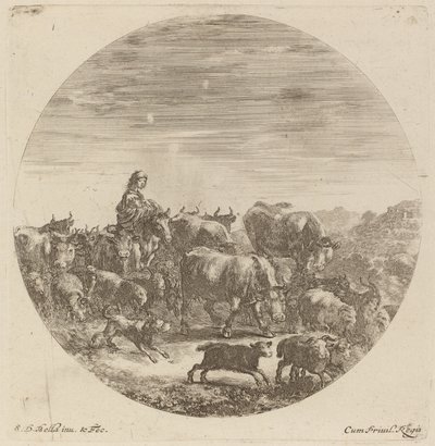 Camponês sentado em um cavalo com vacas, ovelhas e cabras de Stefano della Bella