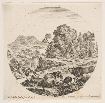 Placa 10: um cavalo deitado ao centro, uma vaca e duas cabras à direita, dois pastores sentados..., ca. 1646. de Stefano della Bella