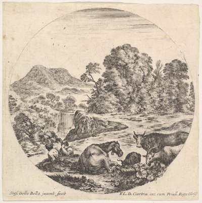 Ilustração 10: um cavalo deitado no centro, uma vaca e duas cabras à direita, duas sentadas sh ..., ca. 1643-48. de Stefano della Bella
