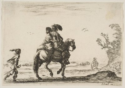 Ilustração 10: um cavaleiro e uma mulher, vistos por trás, cavalgando para a direita com um jovem ..., 1642. de Stefano della Bella