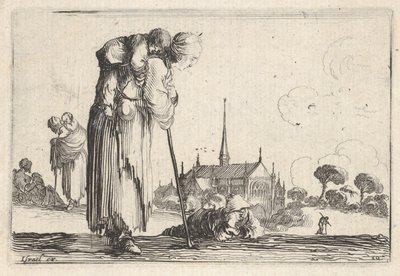 Ilustração 10: uma camponesa virada para a direita com uma criança nas costas, um menino lyi ..., ca. 1642 de Stefano della Bella