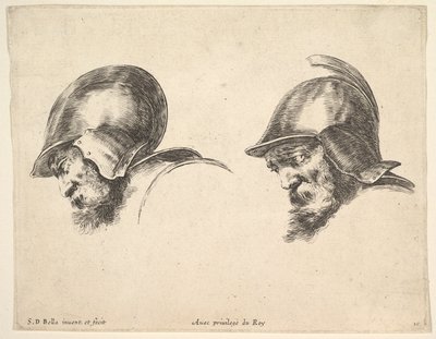 Ilustração 10: duas cabeças de velhos soldados usando capacete, ambos voltados para a esquerda e olhando para baixo ..., ca. 1641 de Stefano della Bella