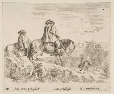 Ilustração 10: dois cavaleiros descendo uma montanha à esquerda, outro cavaleiro à direita em ..., ca. 1644-47. de Stefano della Bella