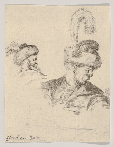 Ilustração 11: um busto polonês de perfil, virado para a direita, outra cabeça polonesa vista de ..., ca. 1649 de Stefano della Bella