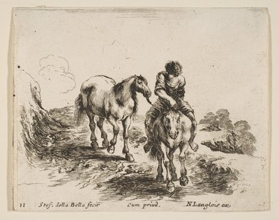 Ilustração 11: um jovem cavaleiro, visto de frente, conduzindo outro cavalo, de Diver ..., ca. 1644-47. de Stefano della Bella