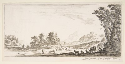 Ilustração 11: pastora sentada à direita debaixo de uma árvore, observando-a rebanho para a esquerda ..., ca. 1641 de Stefano della Bella