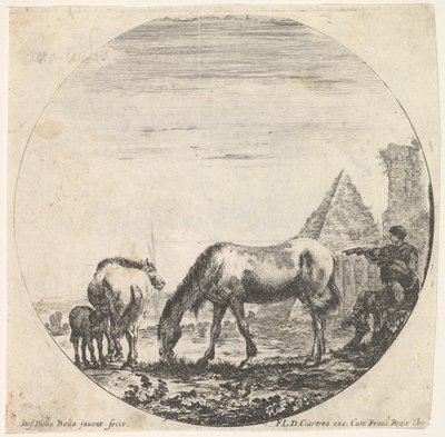 Ilustração 11: a pirâmide de Caius Cestius à direita no fundo, um cavalo pastando ..., ca. 1643-48. de Stefano della Bella