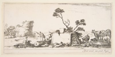 Ilustração 12: um desenhista sentado à esquerda, um pastor de pé ao lado dele à direita, arruinar ..., ca. 1641 de Stefano della Bella