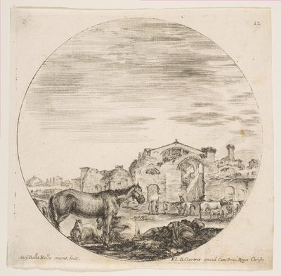 Ilustração 12: um pastor dormindo no chão à direita, três cavalos à esquerda, outros cavalos ..., ca. 1646 de Stefano della Bella