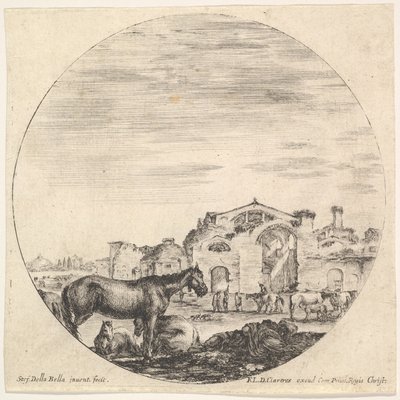 Gravura 12: um pastor dormindo no chão à direita, três cavalos à esquerda, outro h..., ca. 1643-48. de Stefano della Bella