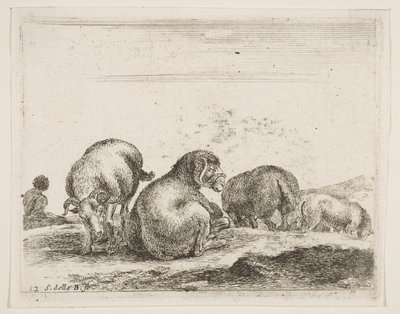 Ilustração 12: ovelha e carneiro no pasto, de Various animals Diversi animali, ca. 1641 de Stefano della Bella