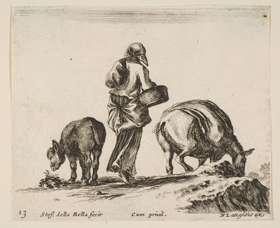 Ilustração 13: uma camponesa, vista de trás, segurando uma cesta no centro, um burro ..., ca. 1644-47. de Stefano della Bella