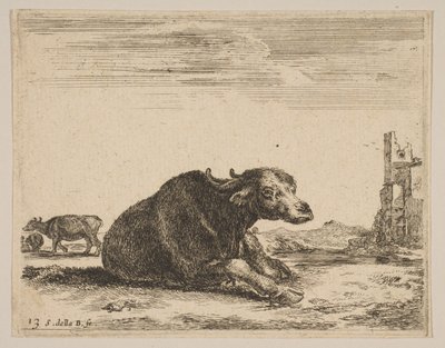 Ilustração 13: búfalo deitado, de Various animals Diversi animali, ca. 1641 de Stefano della Bella