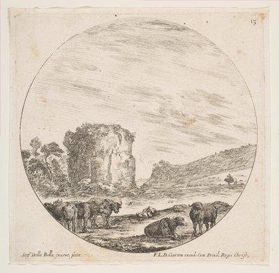 Ilustração 13: ruínas de um templo em uma paisagem romana, de paisagens romanas e ruínas P ..., ca. 1646 de Stefano della Bella