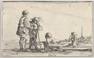 Gravura 13: dois camponeses à esquerda, um aleijado ajoelhado no chão ao centro, um..., ca. 1642. de Stefano della Bella