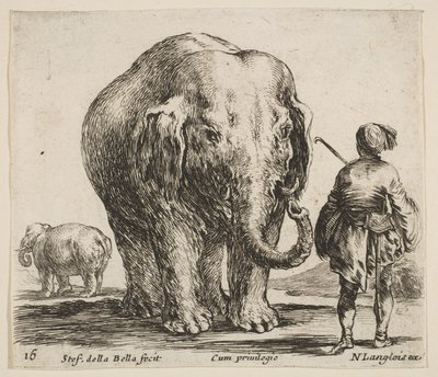 Ilustração 16: um elefante no centro, seu Cornaca à direita vestindo um Oriente ..., ca. 1644-47. de Stefano della Bella