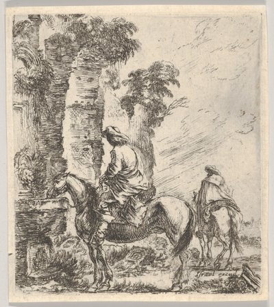 Ilustração 19: um cavaleiro fazendo seu cavalo beber de uma bacia de uma fonte à esquerda, outra h ..., ca. 1646 de Stefano della Bella