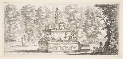 Ilustração 1: um monumento com estátuas e um brasão de armas no centro, um draughstman em th ..., ca. 1643 de Stefano della Bella