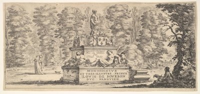 Ilustração 1: um monumento com estátuas e um brasão de armas no centro, um draughstman em th ..., ca. 1641 de Stefano della Bella
