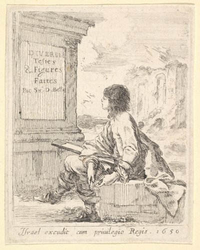 Ilustração 1: um jovem sentado em uma pedra, voltado para a esquerda de perfil, segurando uma prancheta em ..., 1650. de Stefano della Bella