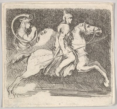 Ilustração 20: um soldado de perfil galopando para a direita segurando uma lança na mão direita..., c. 1646. de Stefano della Bella