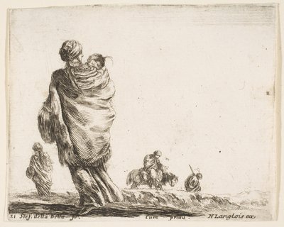 Placa 21: uma pobre mulher para sair, vista por trás, envolvendo seu filho em um xale..., ca. 1644-47. de Stefano della Bella