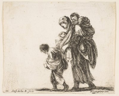 Ilustração 22: uma mendiga com três filhos, um filho nos ombros, um filho ..., ca. 1644-47. de Stefano della Bella