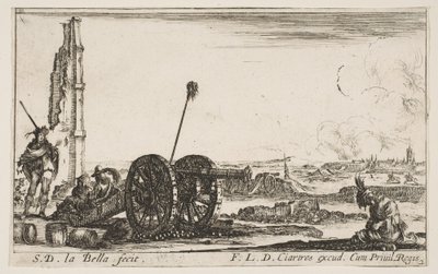 Ilustração 2: Um canhão à esquerda, uma cidade ao fundo, de Various Military Capric ..., ca. 1641 de Stefano della Bella