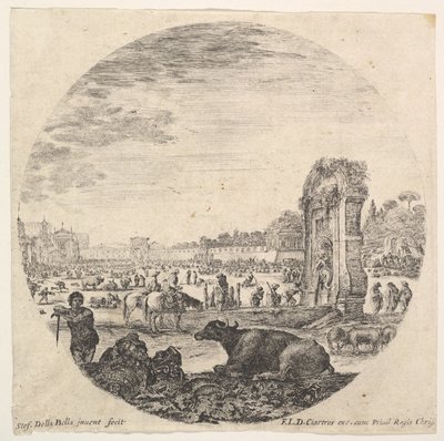 Ilustração 2: Campo Vaccino, um búfalo e dois pastores no centro, o Fontanone para montar ..., ca. 1643-48. de Stefano della Bella