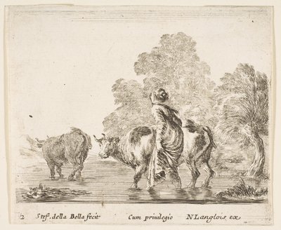Ilustração 2: uma camponesa cria duas vacas em um riacho, caminhando em direção à esquerda ..., ca. 1644-47. de Stefano della Bella