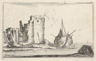 Ilustração 2: um navio à direita e um barco a remos à esquerda, lavado na praia, uma torre em ruínas b ..., ca. 1642 de Stefano della Bella