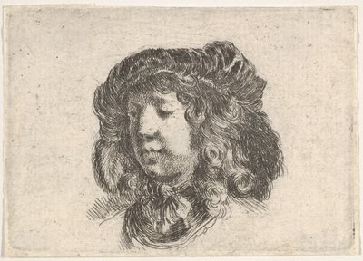 Gravura 34: cabeça de um jovem com um gorro adornado com algumas penas, virou três quartos..., ca. 1646. de Stefano della Bella
