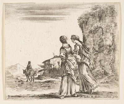 Ilustração 3: duas garotas caminhando para a esquerda, vistas de trás, uma mulher montada em um cavalo t ..., ca. 1644-47. de Stefano della Bella