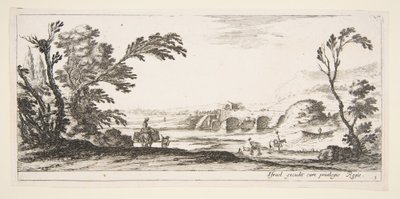 Prato 3: dois cavaleiros atravessando um rio à direita, uma mulher com duas cestas em cima de um burro, ca. 1641. de Stefano della Bella