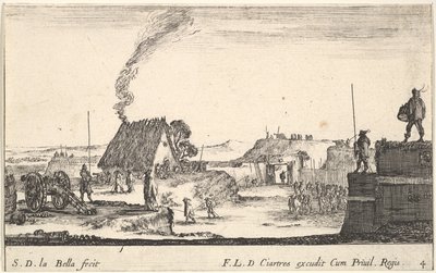 Ilustração 4: Um acampamento militar com um soldado em um parapeito à direita beati ..., ca. 1641 de Stefano della Bella