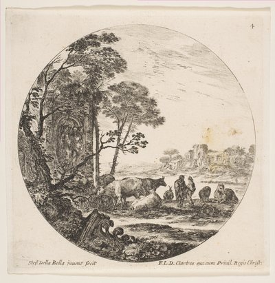 Ilustração 4: uma capital coríntia no chão à esquerda, um monumento com figuras em baixa reg ..., ca. 1646 de Stefano della Bella