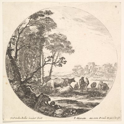 Ilustração 4: uma capital coríntia no chão à esquerda em primeiro plano, um monumento w ..., ca. 1643-48. de Stefano della Bella