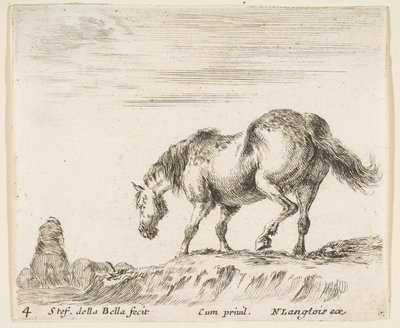 Prato 4: um cavalo de perfil virado para a esquerda, prestes a descer de um monte, um cavalo..., ca. 1644-47. de Stefano della Bella