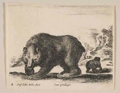 Placa 4: urso, de "Vários animais" Diversi animali, ca. 1641. de Stefano della Bella