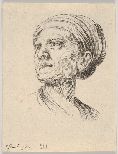 Ilustração 4: cabeça de uma velha com um gorro, olhando para a esquerda em Várias cabeças e figuras ..., 1650. de Stefano della Bella