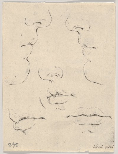 Ilustração 4: dois perfis e três bocas, de The Book for Learning to Draw Livre po ..., ca. 1649 de Stefano della Bella