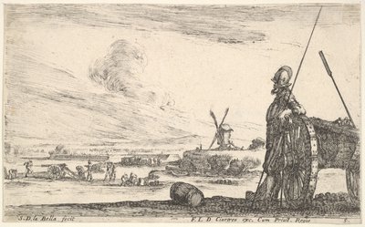 Ilustração 5: Um Pikeman parado ao lado de um cânone, outras figuras militares na ba ..., ca. 1641 de Stefano della Bella